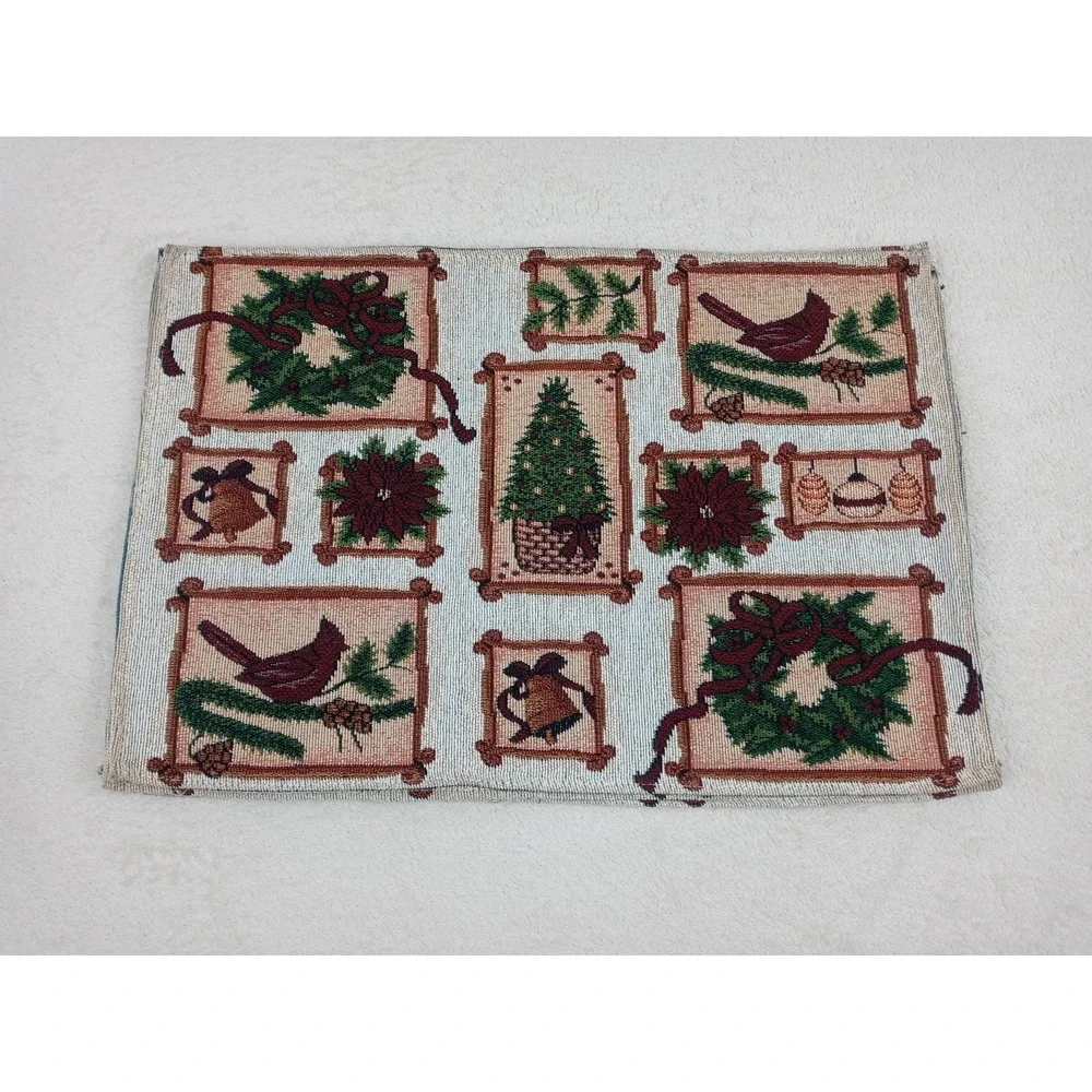 Christmas Tapestry Placemats Set of 4 Holiday Birds Wreaths Tree Bells Poinsetti